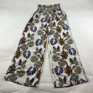 Dahui Hawaii Earth Tone Tropical Print Linen Blend WIde Leg Pant L